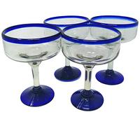 Mexican Hand Blown Glass - Set of 4 Hand Blown Margarita Glasses - Cobalt Blue Rim (16 oz)