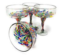 Mexican Hand Blown Glass - Set of 4 Hand Blown Margarita Glasses Confetti Carmen (16 oz)