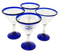 Mexican Hand Blown Glass - Set of 4 Hand Blown Modern Margarita Glasses - Blue Rim (12 oz)