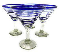 Mexican Hand Blown Glass - Set of 4 Hand Blown Modern Margarita Glasses - Blue Spiral (12 oz)