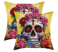 Mexican Holiday Pillow Covers Set of 2, Colorful Floral Skull Throw Pillows Case, Autumn Decorative Day of The Dead Style Cushion Covers for Home Sofa Bed Couch 20x20 Inch