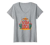 Mexican La Vida Loca Fiesta Sombrero Cactus Celebration V-Neck T-Shirt, Women, Heather Grey, M