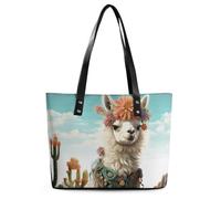 Mexican Llama Cactus Leather Tote Bag for Women Work Shoulder Purses with Zipper Waterproof Large Computer Shoulder Bag Fashion Ladies Shoulder Handbag Reusable Shopping Bags