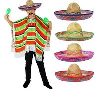Mexican Multi Coloured Poncho + Green Sombrero Perfect for Any Adults Fancy Dress Party for Men or Women Fiesta