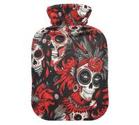 Mexican of The Dead White Skull Flowers Cute hot Water Bottle with Soft Cover, 2L hot Water Bags for Tummy Warmer, Neck and Shoulder Pain Relief, Bolsa Caliente para Dolores musculares