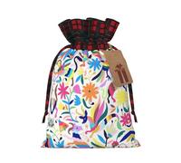 Mexican Otomi Animals Print Christmas Imitation Burlap Gift Bag With Drawstring And Gift Tag,For Wrapping Candies