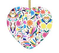 Mexican Otomi Animals Printed Ceramic Christmas Heart Pendant, Christmas Tree Decoration With Gold Thread Rope