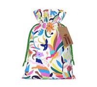 (Mexican Otomi Animals) Printed Christmas M Size Gift Bags with Green Ribbon Drawstring Candy Bags for Kids Xmas Holiday Christmas Eve Presents