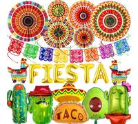 Mexican Party Decorations Fiesta Banner - 33 Pcs Balloons Multicoloured Papar Fans Cactus Mexican Hat Burrito Hanging Swirls For Fiesta Theme Cinco De Mayo Coco Carnivals Festivals Birthday Party