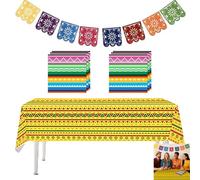 Mexican Party Decorations Set - Includes Tablecloth, 20 Fiesta Paper Napkins & Reusable Papel Picado Flag Banner - Day of the Dead, Cinco de Mayo & Birthday Table Decor Kit