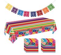 Mexican Party Table Decorations Set - Includes Colorful Tablecloth, Reusable Papel Picado Banner & 20 Disposable Napkins - Day of the Dead, Cinco de Mayo & Fiesta Themed Supplies