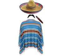 Mexican Poncho Sombrero Costume Set Adults 4 Piece Fiesta Fancy Dress Unisex