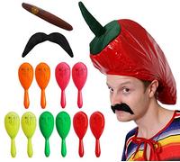 MEXICAN RED CHILLI HAT, 2X PLASTIC MARACAS, JUMBO CIGAR AND STICK ON TASH - PERFECT FOR ADULTS WILD WEST / AROUND THE WORLD MEXICO FANCY DRESS PARTY