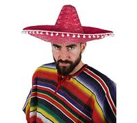 Mexican Red Sombrero + Black Moustache Fancy Dress Sombrero With Pom Pom Edging Unisex Straw Hat Wild West Western Stag Night Hen
