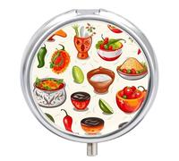 Mexican Salsa Symbols Pill Case with 3 Compartments - Portable Travel Pill Organizer for Purse, Easy-Open Button Design, Small Round Pillbox Vitamin Holder Organizer for Women Men