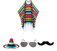 Mexican Serape Poncho Costume Set including Sombrero Hat, Sunglasses, and Mustache, Rainbow Multi-Color Fringe Dress for Fiesta Party, Western Theme Accessories for Adults, Cinco de Mayo Attire
