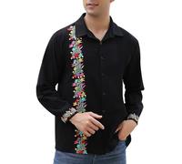 Mexican Shirts for Men Guayabera Cinco De Mayo Fiesta Traditional Embroidered Collared Button Up Long Sleeve, Single Floral Black, XXL