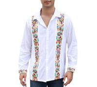 Mexican Shirts for Men Guayabera Cinco De Mayo Fiesta Traditional Embroidered Collared Button Up Long Sleeve, Alebrijes White, 3XL