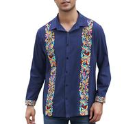 Mexican Shirts for Men Guayabera Cinco De Mayo Fiesta Traditional Embroidered Collared Button Up Long Sleeve, Alebrijes Navy, Large