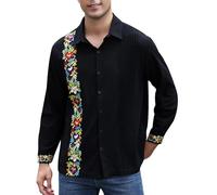 Mexican Shirts for Men Guayabera Cinco De Mayo Fiesta Traditional Embroidered Collared Button Up Long Sleeve, Single Bloom Black, 3XL