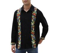 Mexican Shirts for Men Guayabera Cinco De Mayo Fiesta Traditional Embroidered Collared Button Up Long Sleeve, Bloom Black, 3XL