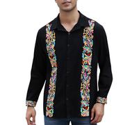 Mexican Shirts for Men Guayabera Cinco De Mayo Fiesta Traditional Embroidered Collared Button Up Long Sleeve, Alebrijes Black, XXL