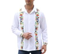 Mexican Shirts for Men Guayabera Cinco De Mayo Fiesta Traditional Embroidered Collared Button Up Long Sleeve, Bloom White, Large