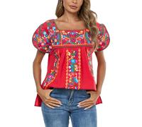 Mexican Shirts for Women Embroidered Tops Traditional Peasant Summer Tunic Blouse, B-red, L
