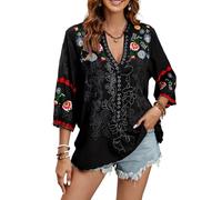 Mexican Shirts Peasant Blouses Cotton Embroidered 3/4 Sleeve Summer V Neck Tunic Bohemian Tops Boho Clothes for Women, Black, XXL