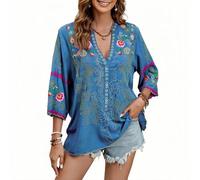 Mexican Shirts Peasant Blouses Cotton Embroidered 3/4 Sleeve Summer V Neck Tunic Bohemian Tops Boho Clothes for Women, Blue, XL