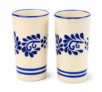 Mexican Shot Glasses, Hand-painted in Mexico - Great for Tequila, Mezcal and Sangrita, 2 oz set of 2 - Classic Blue Flores Lineas Abajo