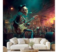 Mexican Skeleton Electric Guitar 3D Wallpaper Skull Rock Music Mural 200x140 cm Vintage Skull Wall Wallpaper Non-Woven for Bedroom Living Room Peel and Stick Wall Art Qe24D