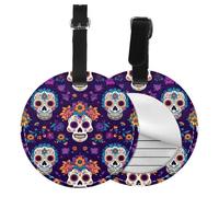 Mexican Skeleton Round Luggage Tag 4PCS Sugar Skull PU Leather Travel Bag Tag ID Labels Name Card Holder wtih Buckle for Luggage Suitcase Backpacks