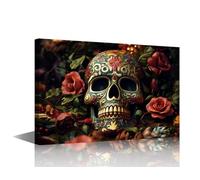Mexican Skull Canvas Wall Art Modern Death Day Wall Art Poster Skull Rose Flower Paintwork Prints on Canvas 1 Panel Living Room Wall Art Decor Stretched and Framed Ready to Hang 18x12 Inch