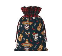 Mexican Skull Christmas Drawstring Linen Gift Bag Paired With Scottish Plaid Fabric, With A Delicate And Simple Texture