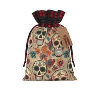 Mexican Skull Christmas Drawstring Linen Gift Bag Paired With Scottish Plaid Fabric, With A Delicate And Simple Texture