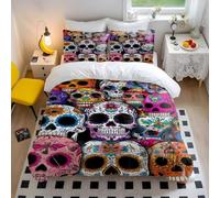 Mexican Skull Duvet Cover Colorful Calavera Bedding Set - Soft Microfiber Skull Pattern Bedding with Floral Design (style3,Double200x200cm+65x65cm*2)