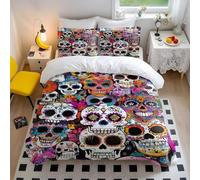 Mexican Skull Duvet Cover Colorful Calavera Bedding Set - Soft Microfiber Skull Pattern Bedding with Floral Design (style2,King240x220cm+50x75cm*2)