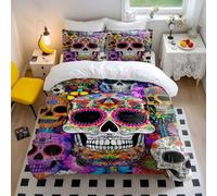Mexican Skull Duvet Cover Colorful Calavera Bedding Set - Soft Microfiber Skull Pattern Bedding with Floral Design (style4,King 240x220cm+65x65cm*2)