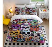 Mexican Skull Duvet Cover Colorful Calavera Bedding Set - Soft Microfiber Skull Pattern Bedding with Floral Design (style5,King240x220cm+50x75cm*2)