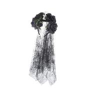 Mexican Skull Floral Veil Headband Day of the Dead Rose Flower Crown Headpiece for Halloween Masquerade Party Costume Bridal Cosplay (Black, Medium)