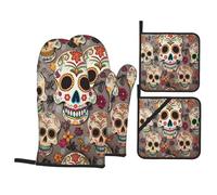Mexican Skull Oven Mitts And Pot Holders 4 Pcs Set - Anti-Skid Oven Gloves, Insulated Microwave Oven Mitts And Cooking Mitts For Kitchen Baking Bbq Grilling