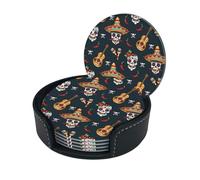 Mexican Skull Print Chic Round Leather Coasters â€“ Set Of 6 Full-Print Coasters In A Premium Pu Leather Storage Box