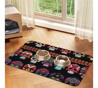 Mexican Skull Print Print Pet Food Mat Absorbent Non Slip PU Leather Feeding Mat for Dogs Cats Rubber Bottom