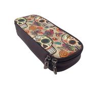 Mexican Skull Printed Leather Flip Pencil Case - Multifunctional Organizer for School, Office & Travel