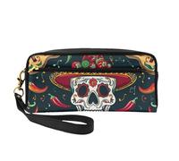 Mexican Skull Printed Leather Makeup Bags with Wrist Strap Portable Travel Toiletry Bag Cosmetic Organizer Bag for Women