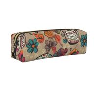Mexican Skull Printed Leather Pencil Case Cute Stationery Organizer Simple Makeup Bag Pen Pouch, Gold Zipper