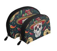 Mexican Skull Printed Makeup Bags 2-Piece Portable Shell Travel Toiletry Bag Cosmetic Organizer Bag for Women