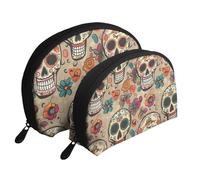Mexican Skull Printed Makeup Bags 2-Piece Portable Shell Travel Toiletry Bag Cosmetic Organizer Bag for Women