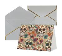 Mexican Skull Printed Pearl Paper Greeting Card, Light Grey - Folded Blank Cards with Gold Trim for Weddings, Birthdays, Christmas